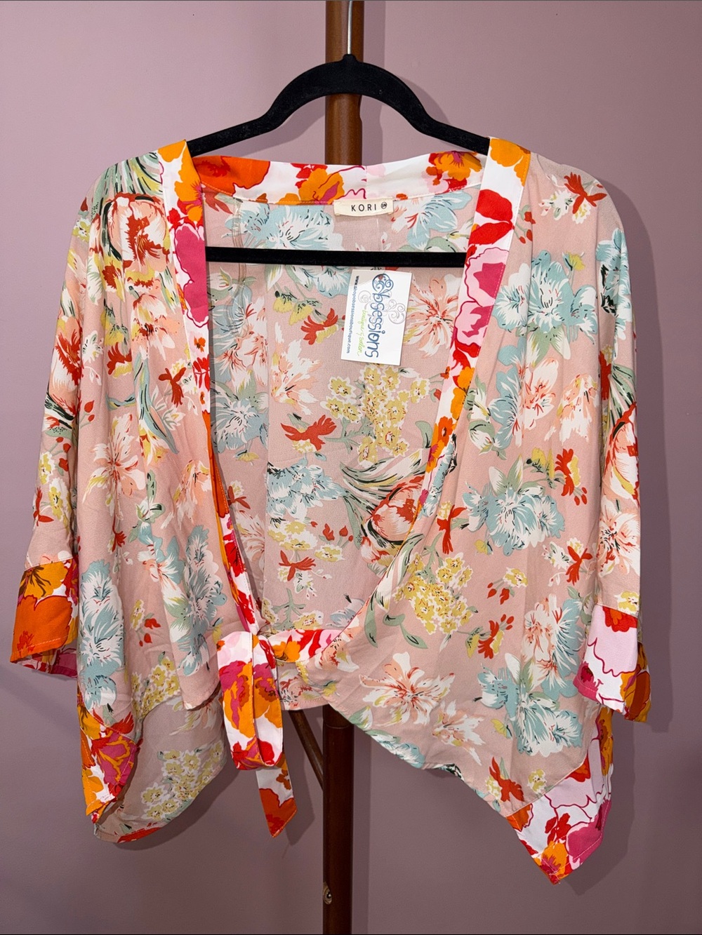 Kori Pink Floral Tie-Front Blouse with Aqua & Orange Accents